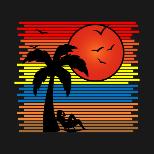 Retro Vintage Sunset with Palm Tree Beachside Silhouette T-Shirt