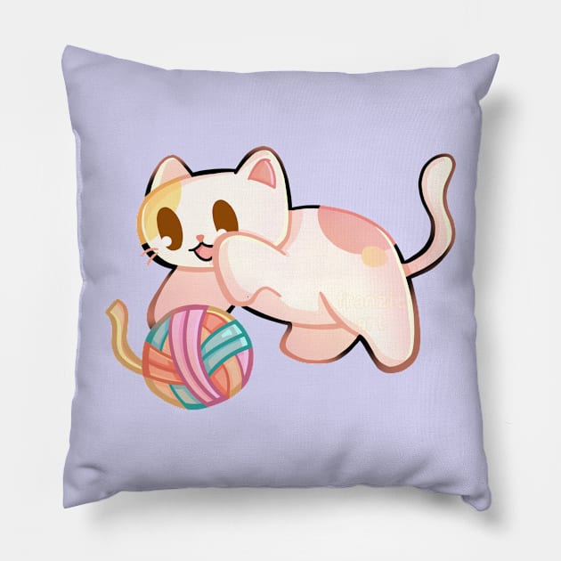 Calico Cat Playing With Yarn Pillow by franzieart