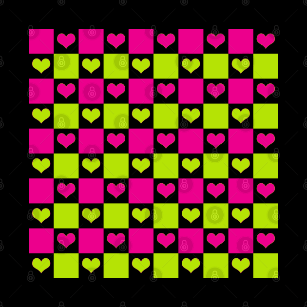 Checkerboard Hearts in Lime Green, Hot Pink and Black by LAEC