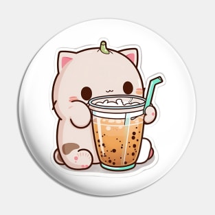 Cute Cat Drinking Bubble Tea Cartoon Boba Drawing Pin