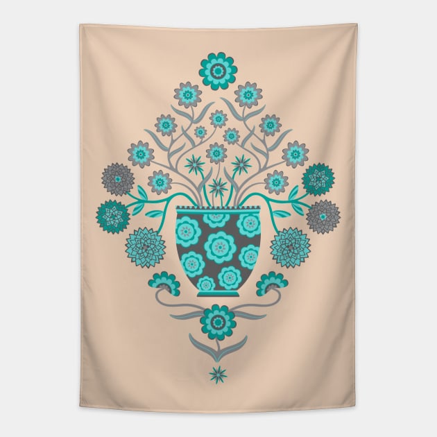 JARDINIERE Vintage Damask Flowers in Floral Vase Turquoise Teal Gray - UnBlink Studio by Jackie Tahara Tapestry by UnBlink Studio by Jackie Tahara