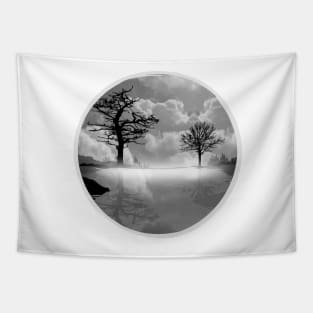 A calm lake in the fog in the morning in black and white Tapestry