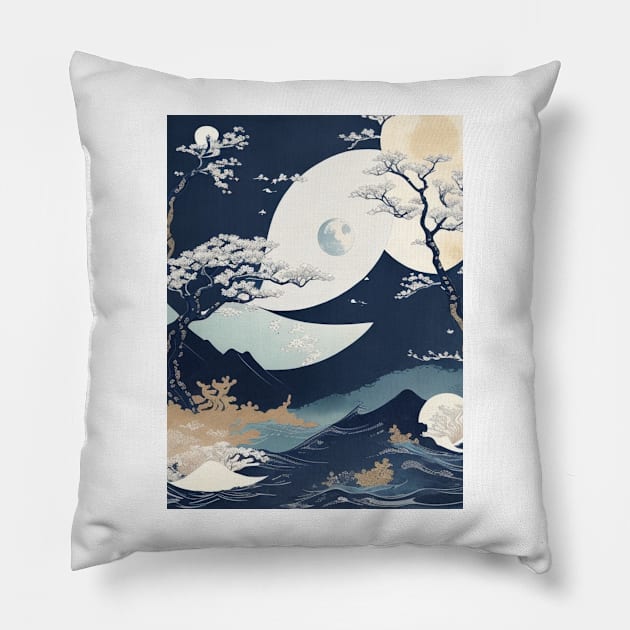 Moon over waves Pillow by JennAshton