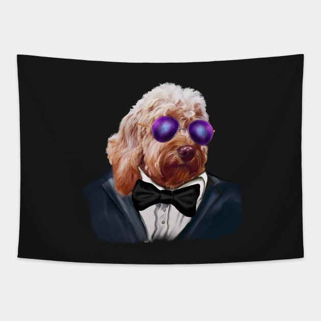 Cavapoo Daddy Cool ! Cute Cavapoo Cavoodle puppy dog Face with sunglasses and tuxedo with bow tie  - cavalier king charles spaniel poodle, puppy love Tapestry by Artonmytee