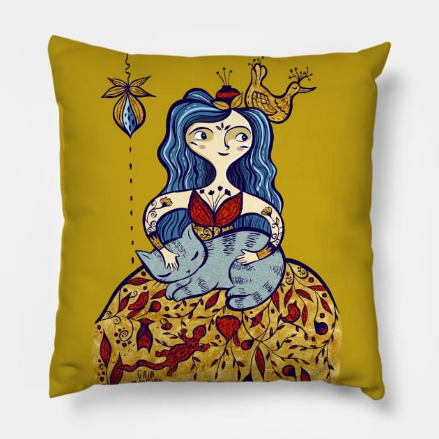 Whimsical Lady with cat Pillow by Gaiamarfurt