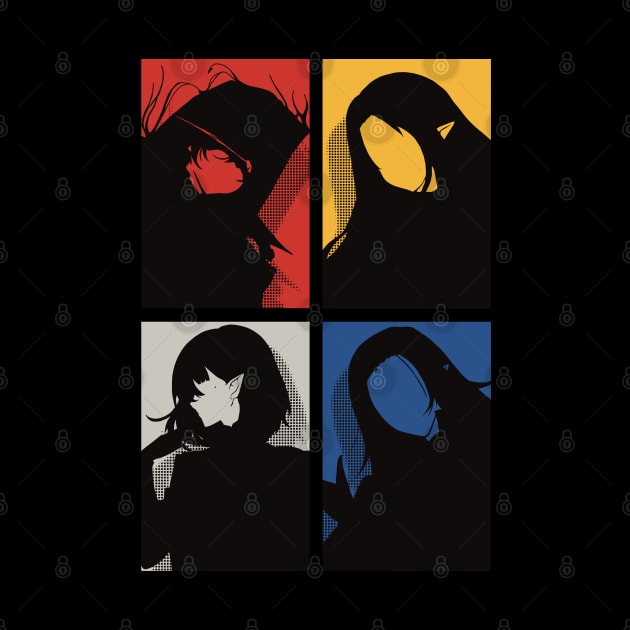 All The Main Characters In The Eminence In Shadow Anime In A Cool Black Minimalist Silhouette Pop Art Design With Their Names Symbol In Colorful Background by Animangapoi