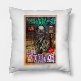 Area 51 Alien Invader, retro horror Pillow