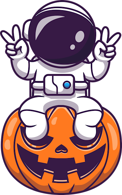 Cute Astronaut Sitting On Pumpkin Halloween With Peace Hand Cartoon Kids T-Shirt by Catalyst Labs