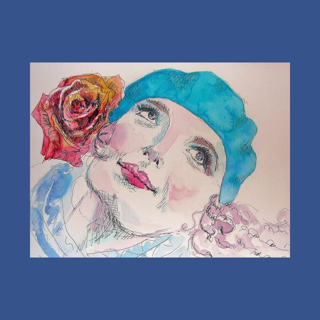 Girl with a Red Rose and Blue Beret Watercolor by SarahRajkotwala