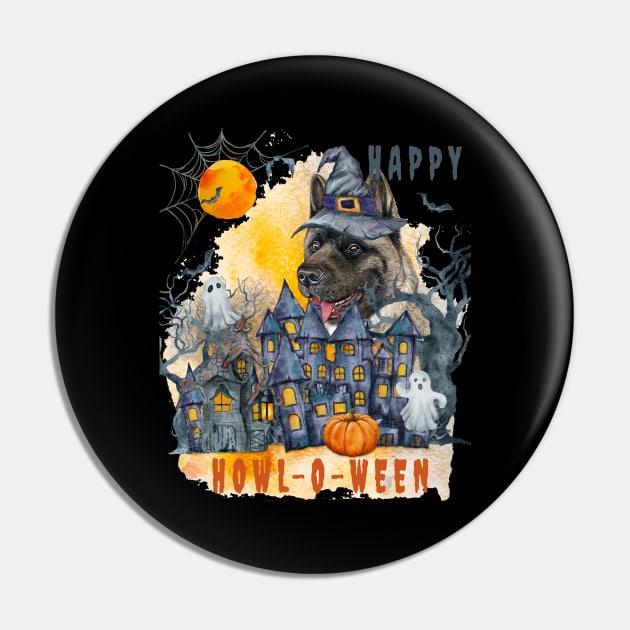 American Akita Happy Howl-o-ween Ghost Houses Funny Watercolor Pin by Sniffist Gang