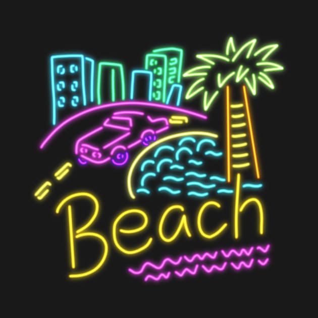 Beach neon house palm trees multi color pink Cadillac sand sun by wenlu