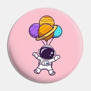 Cute Astronaut Floating With Planet Balloon In Space Cartoon Pin