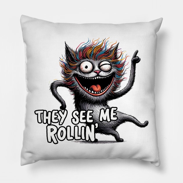 Black Cat - They See Me Rollin Pillow by Cutetopia