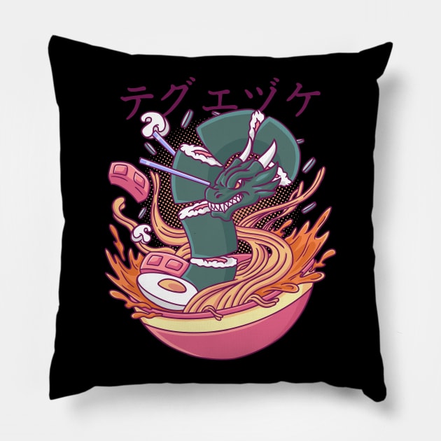 Kaiju Ramen And The Green Sushi Dragon Pillow by Illustrasikuu