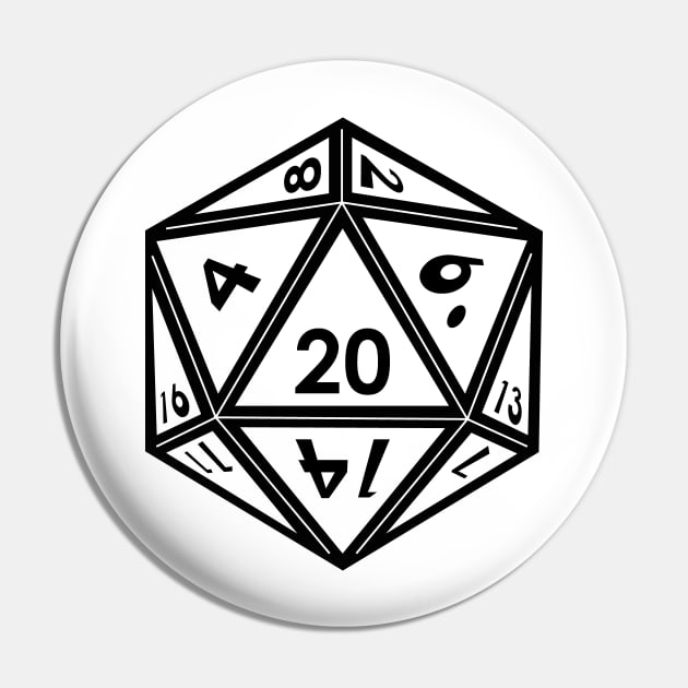 Transparent D20 Dice (Black Outline) Full Size Pin by Stupid Coffee Designs