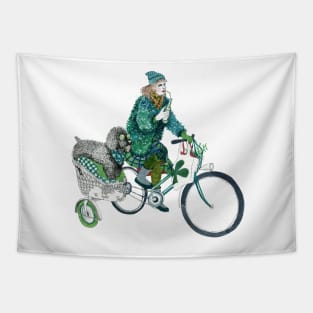 Girl with her poodle on tricycle Tapestry