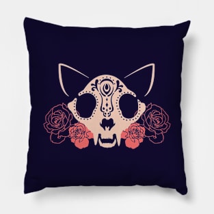 Cat Skull and Flowers Pillow