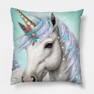 Majestic Snow Unicorn Pastel Winter Pillow