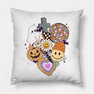 Retro Halloween , Funny Pumpkins, Ghost, Flowers , Skeleton And Bats At The Party Pillow