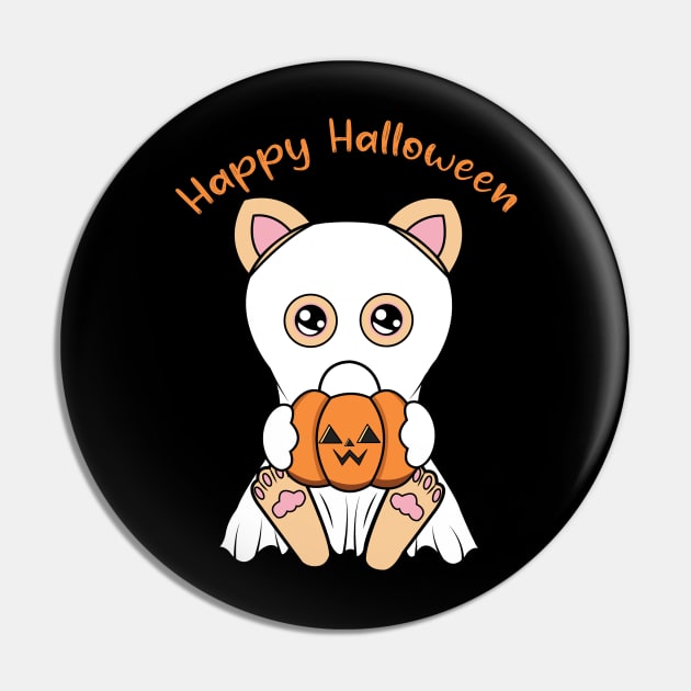 Happy Halloween Cute ghost Cat, Kawaii black cat with pumpkin Pin by JS ARTE