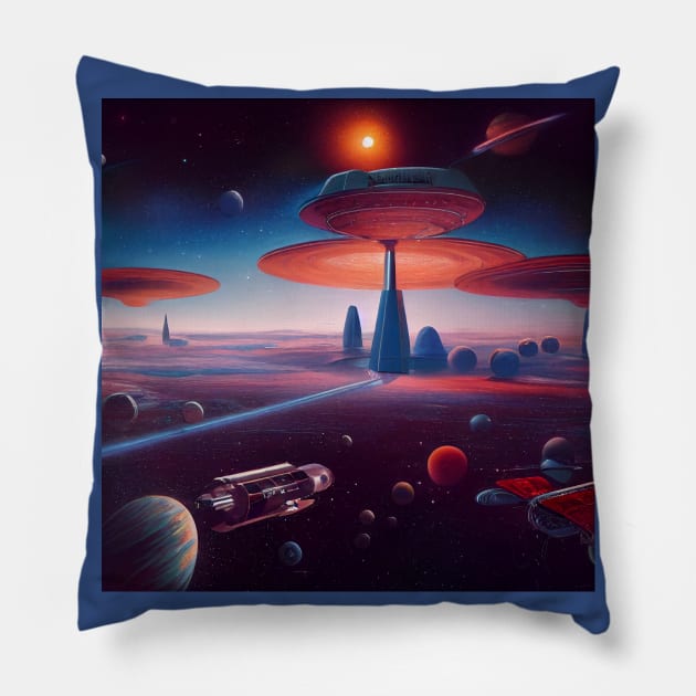 Interplanetary Spaceport Pillow by Grassroots Green