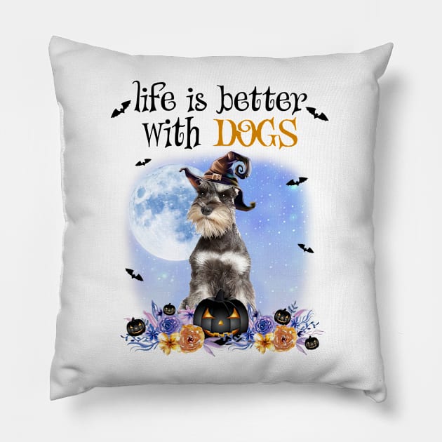 Grey Miniature Schnauzer Witch Hat Life Is Better With Dogs Pillow by Marcelo Nimtz