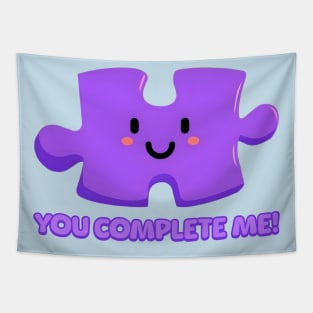 You Complete Me! Cute Purple Puzzle Piece Cartoon Tapestry