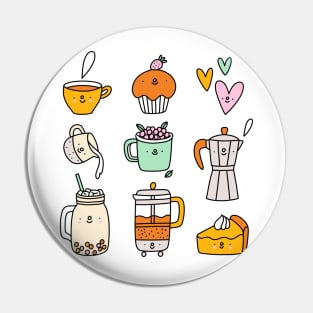 Cute coffee and tea cartoon characters Pin