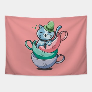 Cut Cat Tea Time Tapestry