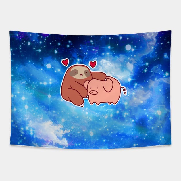 Sloth Loves Pig Night Sky Tapestry by saradaboru