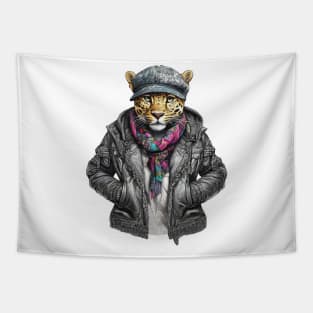 leopard wearing a jackets hat and a scarf Tapestry