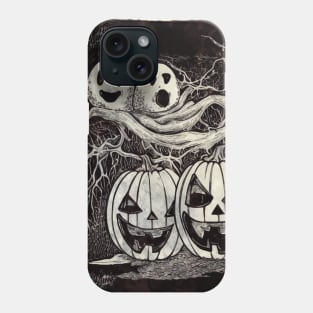Pumpkin face scary with ghosts and full moon, vintage effect cute Halloween in dark atmosphere Phone Case