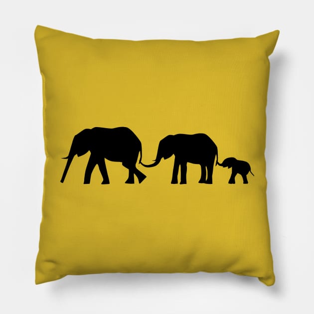 Silhouettes of 3 Elephants Holding Tails Pillow by ibadishi