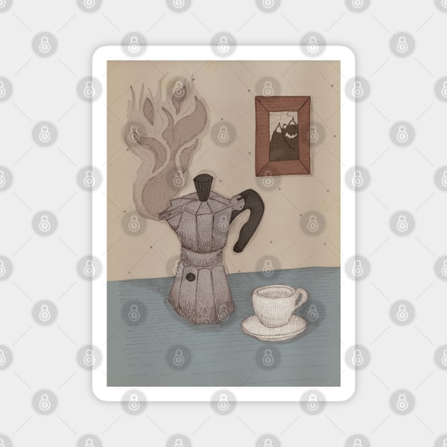 Still life with moka pot and mug for coffee lovers Magnet by PrintablesPassions