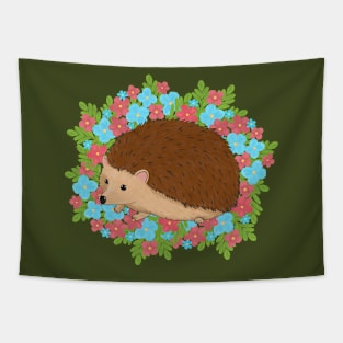 Tiny Hedgehog In The Flower Field - Green Tapestry