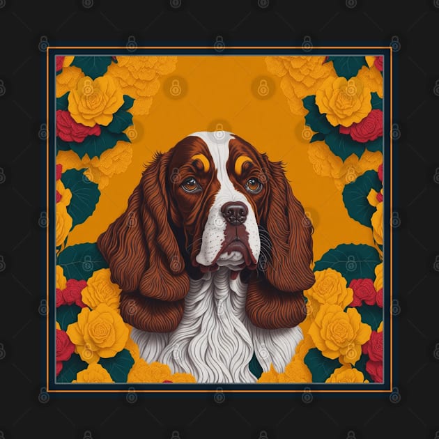 Dogs, spaniel and flowers, dog, style vector (yellow version spaniel) by xlhombat