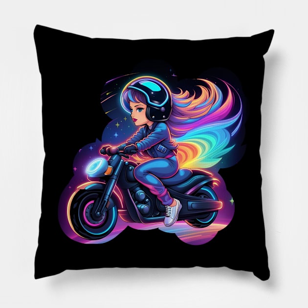 Chibi Biker style woman riding a motorcycle Pillow by Whisky1111