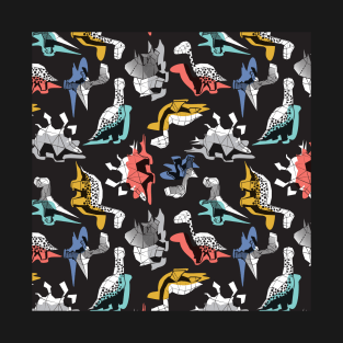 Geometric Dinos // pattern // non directional design black background multicoloured dinosaurs shadows T-Shirt