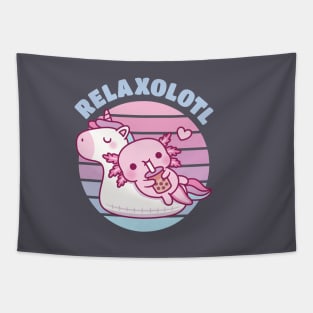 Cute Axolotl Chilling On Unicorn Pool Float Relaxolotl Tapestry