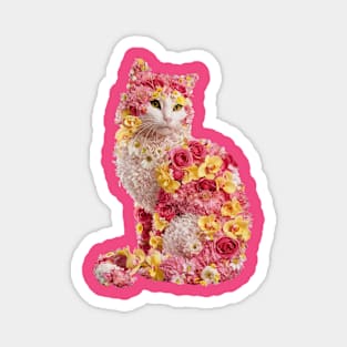 Cat Adorned with Various Pink Flowers, Creating a Whimsical and Artistic Magnet