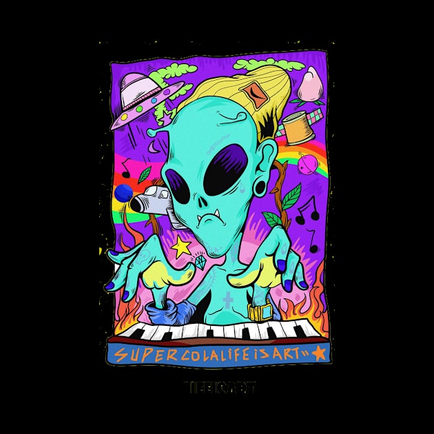 Dope space alien character rocking piano keyboard illustration by slluks_shop