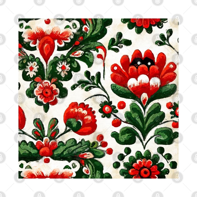 Folklore motif red flowers by JBJart