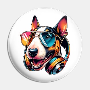 Miniature Bull Terrier as Smiling DJ with Headphones Pin