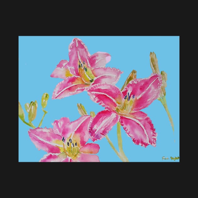 Pink Lily Flower Watercolor Painting Pattern - on Pastel Blue by SarahRajkotwala