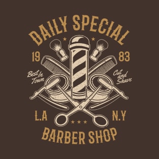 Daily Special Retro Barbershop Pole L.A. N.Y. Cut And Shave Scissors And Razors T-Shirt