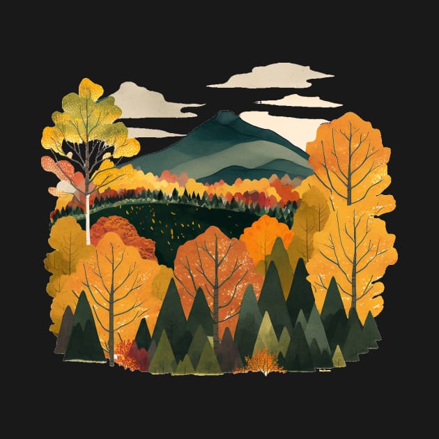 New England Autumn Leaves Landscape Illustration by peachycrossing