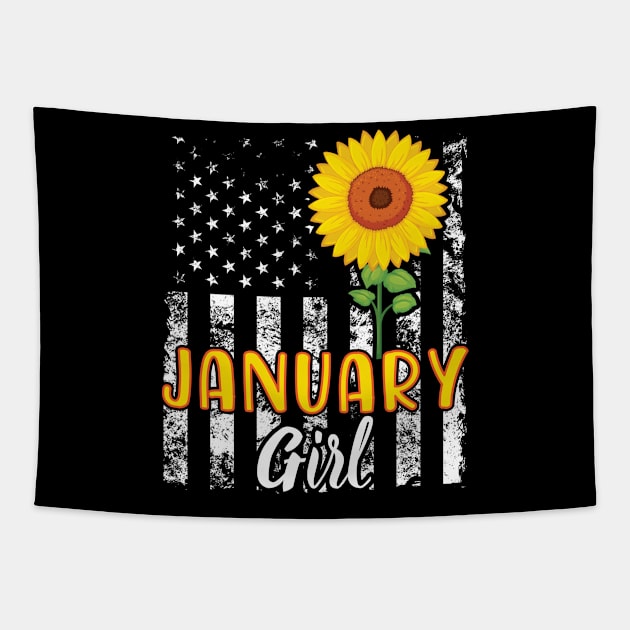 US Flag And Sunflower Happy Birthday January Girl Daughter Tapestry by joandraelliot