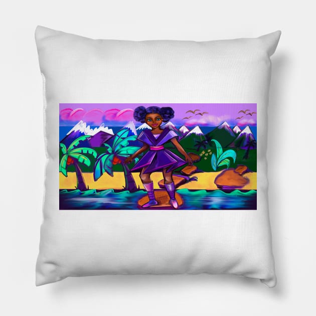 Anime girl with two puffs. Black afro anime girl in purple fantasy scene ! beautiful  black girl with Braided hair, blue eyes, Cherry pink lips and dark brown skin. Hair love ! Pillow by Artonmytee
