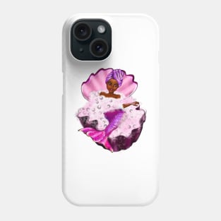 Mermaid spa day in Oyster clam shell 4 - Black anime mermaid in bubble bath. Pretty black girl with Afro hair, green eyes, Cherry pink lips and dark brown skin. Hair love ! Phone Case