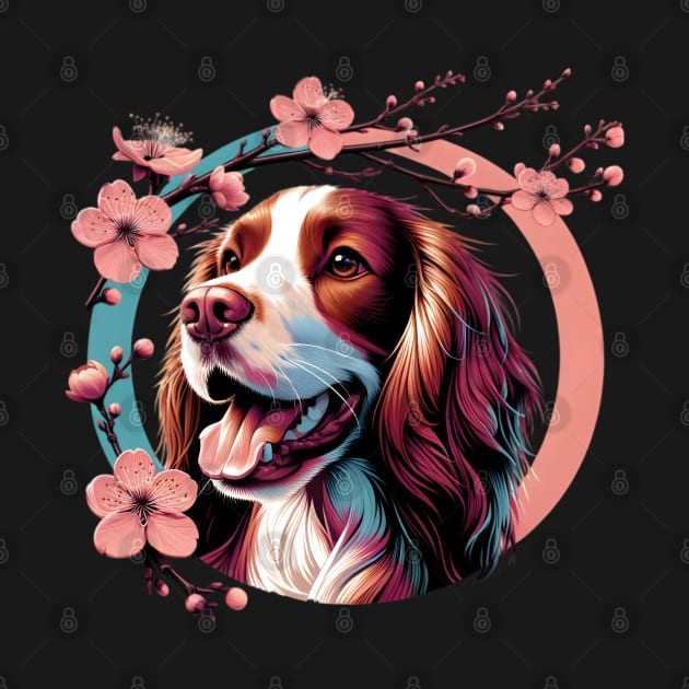 Welsh Springer Spaniel Joy in Spring with Cherry Blossoms and Flowers by ArtRUs